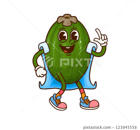 Cartoon groovy feijoa Halloween wizard fruit character. Isolated vector funny tropical fruit personage with a lively expression exudes magic, whimsy and fun with its green body and blue magical cape Cartoon groovy feijoa Halloween wizard fruit character. Isolated vector funny tropical fruit personage with a lively expression exudes magic, whimsy and fun with its green body and blue magical cape 123845558