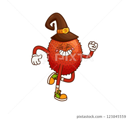 Cartoon groovy lychee Halloween wizard fruit character striking a dance pose, wearing a witch hat, exuding playful and funky Halloween vibes. Isolated vector whimsical tropical fruit wiz personage 123845559