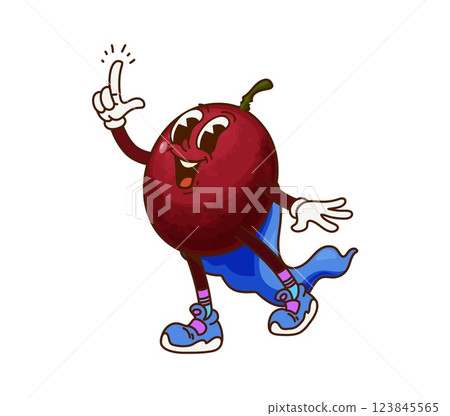 Cartoon groovy Halloween wizard passion fruit character. Isolated vector whimsical tropical fruit personage sporting blue cape and sneakers, having great idea with raised finger, embodying fun and joy Cartoon groovy Halloween wizard passion fruit character. Isolated vector whimsical tropical fruit personage sporting blue cape and sneakers, having great idea with raised finger, embodying fun and joy 123845565