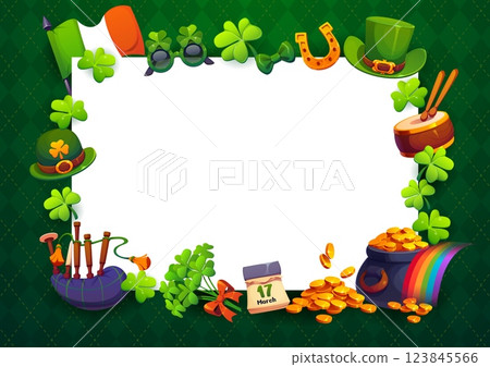 Happy st Patrick day greetings card frame template, surrounded by Irish flag, bagpipes, leprechaun hat, pot of gold, drum, shamrocks, and gold coins. Cartoon vector holiday photo border for March 17 Happy st Patrick day greetings card frame template, surrounded by Irish flag, bagpipes, leprechaun hat, pot of gold, drum, shamrocks, and gold coins. Cartoon vector holiday photo border for March 17 123845566