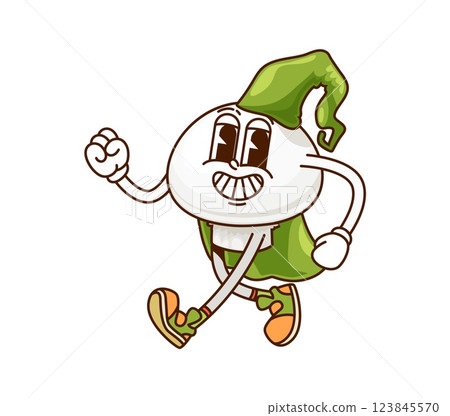Cartoon groovy Halloween champignon mushroom wizard vegetable character with a green festive hat and cape running energetically, captures a playful whimsical mood and fun spirit of the autumn holiday Cartoon groovy Halloween champignon mushroom wizard vegetable character with a green festive hat and cape running energetically, captures a playful whimsical mood and fun spirit of the autumn holiday 123845570