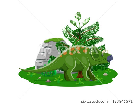 Avaceratops cartoon prehistoric dinosaur character. Isolated vector herbivore friendly dino at lush landscape with ferns, rocks and foliage. Ancient reptile animal at Late Cretaceous era scene Avaceratops cartoon prehistoric dinosaur character. Isolated vector herbivore friendly dino at lush landscape with ferns, rocks and foliage. Ancient reptile animal at Late Cretaceous era scene 123845571