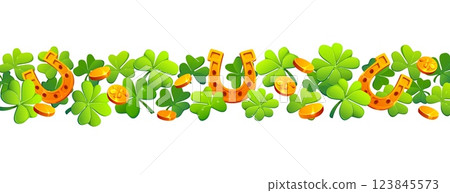 St Patrick day border with horseshoe, shamrock clover and golden coins. Cartoon vector festive decorative horizontal trim, symbolizes luck, prosperity, Irish traditions and holiday celebrations 123845573