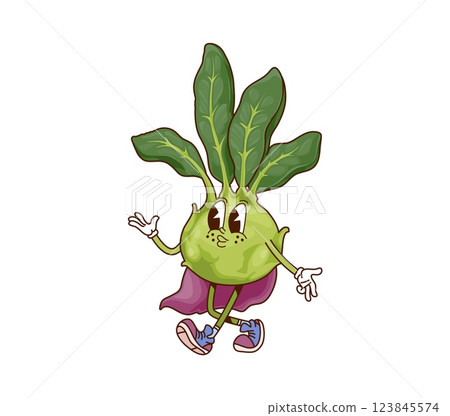 Cartoon groovy kohlrabi Halloween wizard vegetable character exuding funky vibe with Its magical cape, hippie sneakers and green leaves, ready for festive fun and holiday party with a fresh y2k twist 123845574