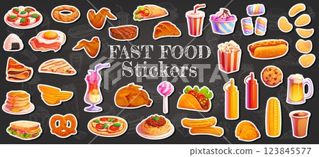 Cartoon fast food stickers pack with burger, pizza and hot dog, fries, milkshake and tacos, popcorn. Chicken, sandwich and pretzel, pancakes, ice cream with coffee, soda, spaghetti and desserts 123845577