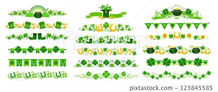 St Patrick day shamrock clover dividers and borders with golden coins, hats and boots. Vector set of trims or line patterns with lucky four leaf clover plants, rainbows, horseshoes and pot of gold 123845585