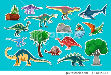 Prehistoric dinosaurs stickers of cartoon dino animals and baby in egg, volcano rocks and trees. Cute jurassic dinosaurs vector stickers with funny megalodon, tarbosaurus, suchomimus and eoraptor Prehistoric dinosaurs stickers of cartoon dino animals and baby in egg, volcano rocks and trees. Cute jurassic dinosaurs vector stickers with funny megalodon, tarbosaurus, suchomimus and eoraptor 123845614