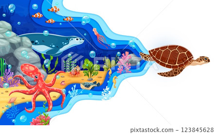 Paper cut underwater landscape with sea turtle, octopus and seal characters between seaweeds, vibrant fish and corals. Cartoon vector ocean, marine life is framed by a wavy blue 3d papercut border 123845628
