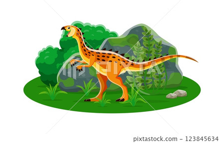 Scutellosaurus prehistoric dinosaur cartoon character. Isolated vector herbivore ancient reptile dino animal in natural environment with green plants. Late Cretaceous era lizard, paleontology science 123845634
