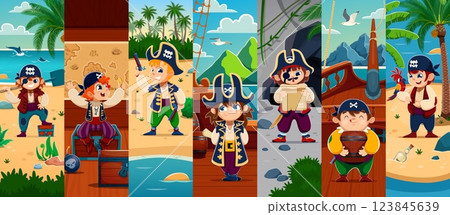 Cartoon kid pirates or corsairs characters collage. Vector adventurous scenes with young rovers digging treasure, reading maps, and exploring tropical islands accompanied by parrots, ships and chests 123845639