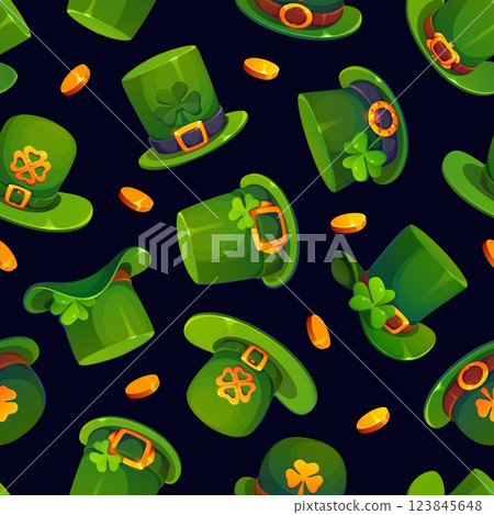 Green leprechaun hats pattern. Cartoon vector seamless tile background. Festive lucky st Patrick day motif with top hats adorned with gold buckles and shamrocks, scattered alongside shiny gold coins Green leprechaun hats pattern. Cartoon vector seamless tile background. Festive lucky st Patrick day motif with top hats adorned with gold buckles and shamrocks, scattered alongside shiny gold coins 123845648