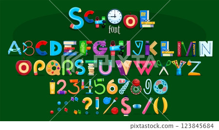 School font, education typeface, abc type, kids English alphabet letters, numbers and signs with educational items such as books, pens, apples and stationery. Funny typeset for children fun learning 123845684