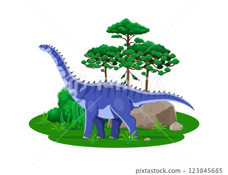 Hypselosaurus prehistoric dinosaur character, genus of titanosaurian sauropod dino that lived during the Late Cretaceous period. Isolated cartoon vector reptile animal at lush landscape with trees Hypselosaurus prehistoric dinosaur character, genus of titanosaurian sauropod dino that lived during the Late Cretaceous period. Isolated cartoon vector reptile animal at lush landscape with trees 123845685