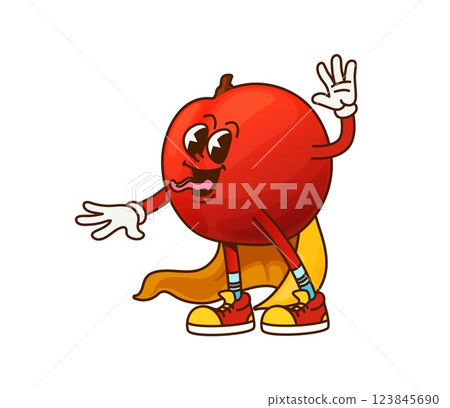 Cartoon groovy red apple Halloween wizard fruit character. Vector funny necromancer or magician retro personage in yellow cape and smiling face. Sorcerer garden fruit, healthy vitamin food enchanter 123845690