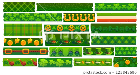 St Patrick Irish washi tape for holiday of green adhesive pieces, vector seamless design. St Patrick washi tape with Irish and Ireland pattern of leprechaun hat, shamrock clover and golden horseshoe St Patrick Irish washi tape for holiday of green adhesive pieces, vector seamless design. St Patrick washi tape with Irish and Ireland pattern of leprechaun hat, shamrock clover and golden horseshoe 123845696