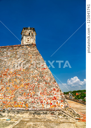 Turret of San Felipe de Barajas Castle in Cartagena de Indias. UNESCO world heritage in Colombia Turret of San Felipe de Barajas Castle in Cartagena de Indias. UNESCO world heritage in Colombia 123845741