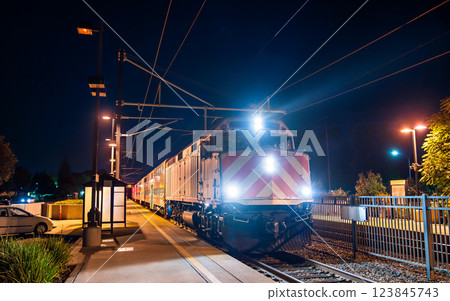 Old diesel locomotive with a commuter train at California Avenue station in Palo Alto, California, United States 123845743
