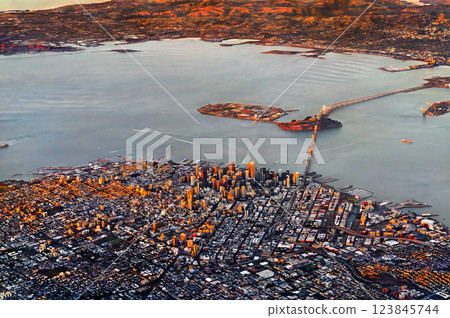Aerial view of San Francisco Downtown with the San Francisco - Oakland Bay Bridge at sunset. California, United States 123845744