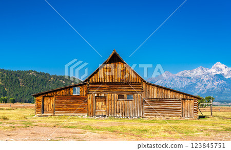 T.A. Moulton barn at Mormon Row Historic District in Grand Teton National Park in Wyoming, United States T.A. Moulton barn at Mormon Row Historic District in Grand Teton National Park in Wyoming, United States 123845751