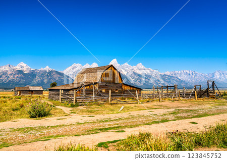 John Moulton barn at Mormon Row in Grand Teton National Park in Wyoming, United States 123845752