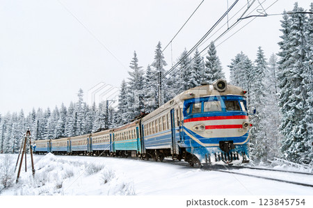 Old soviet regional train with snow-covered trees in the Carpathian Mountains of Ukraine 123845754