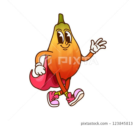 Cartoon groovy papaya fruit wizard Halloween character. Vector magician fairytale personage with funny smiling face, red cape and hippie sneakers. Tropical fruit sorcerer, vitamin food wiz wears cloak Cartoon groovy papaya fruit wizard Halloween character. Vector magician fairytale personage with funny smiling face, red cape and hippie sneakers. Tropical fruit sorcerer, vitamin food wiz wears cloak 123845813