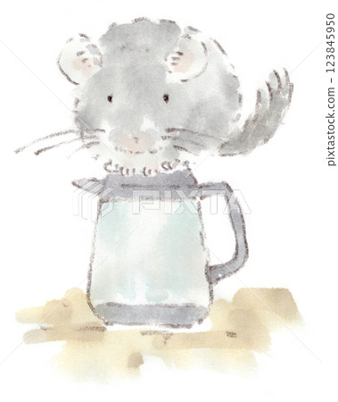 一隻龍貓爬上花盆的水彩畫 123845950