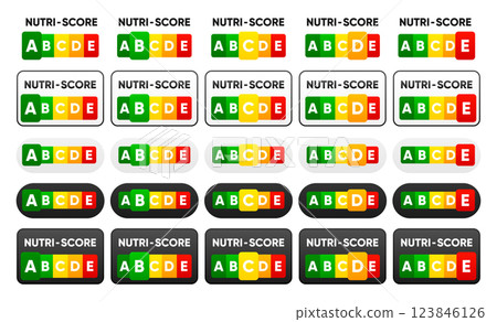 Nutri Score labels. 5 Colour Nutrition label. Sign health care for packaging. Vector illustration. 123846126