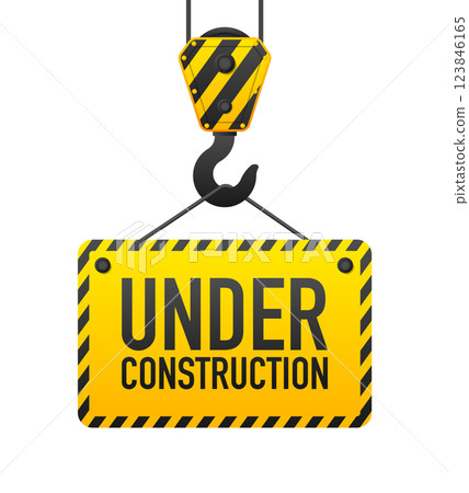 Under Construction banner with lifting hook. 404 error page connection. Website under maintenance banner. Vector illustration. Under Construction banner with lifting hook. 404 error page connection. Website under maintenance banner. Vector illustration. 123846165
