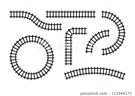 Collection of railroad segments. Rail road elements top view. Train track straight and waved lines isolated on white background. Vector illustration. Collection of railroad segments. Rail road elements top view. Train track straight and waved lines isolated on white background. Vector illustration. 123846175