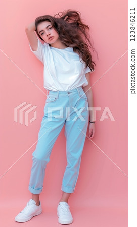 Young female white t shirt and pants trendy fashion style Young female white t shirt and pants trendy fashion style 123846211