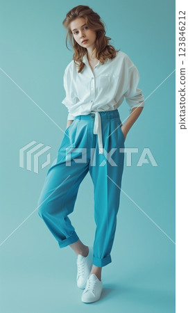 Young female white t shirt and pants trendy fashion style Young female white t shirt and pants trendy fashion style 123846212