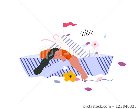 Life Unframed: Paper boat -modern flat vector concept illustration of girl floating in paper boat. A metaphor of unpredictability, imagination, whimsy, cycle of existence, play, growth and discovery Life Unframed: Paper boat -modern flat vector concept illustration of girl floating in paper boat. A metaphor of unpredictability, imagination, whimsy, cycle of existence, play, growth and discovery 123846323