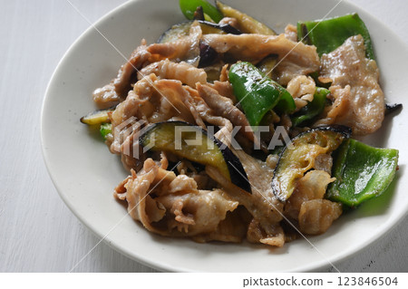 Stir-fried eggplant, green pepper and pork with miso Stir-fried eggplant, green pepper and pork with miso 123846504