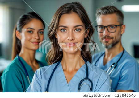 Confident team of three doctors in a hospital setting. AI generated 123846546