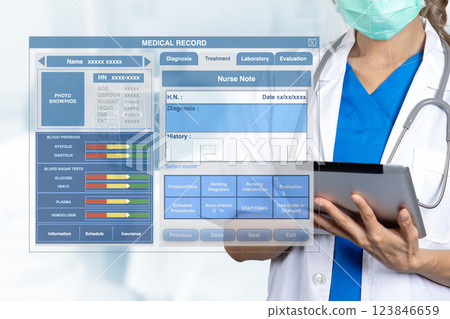 Blank medical record screen interface with female doctor holding digital tablet in hands. 123846659
