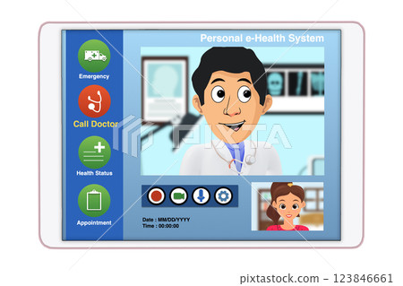 Cartoon graphic of digital tablet showing telemedicine application on screen. 123846661