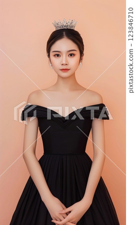Asian young female wearing crown princess black gown beauty fashion party elegance Asian young female wearing crown princess black gown beauty fashion party elegance 123846710