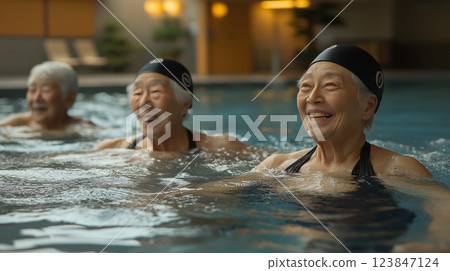 Group of seniors exercising in the pool 123847124