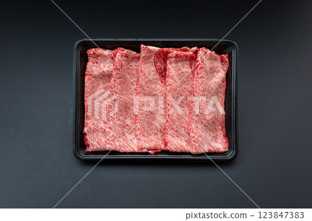 Domestic Japanese Black Beef Shoulder Loin Slices, Aerial View Domestic Japanese Black Beef Shoulder Loin Slices, Aerial View 123847383