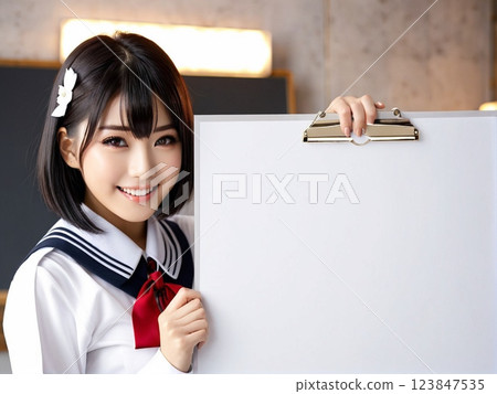 一名高中女生拿著留言板 一名高中女生拿著留言板 123847535