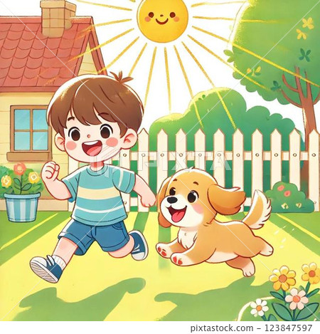 孩子和狗在花園裡玩耍 123847597