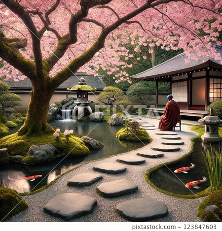 櫻花盛開的庭院風景 123847603