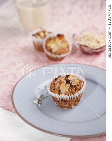 Homemade oatmeal muffin with bright background. 123847718