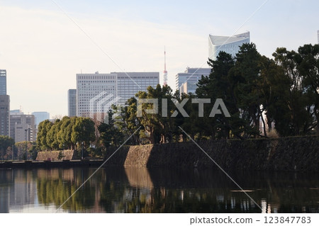 白雲、藍天、摩天大樓、故宮的石牆、綠色的森林倒映在護城河的水面上，景象十分壯觀。 123847783
