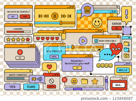 Retro style Y2K UI and UX windows elements flat set. Retro frames and computer game elements. Nostalgic style of 80s, 90s. Cartoon Old computer screen. Retro vector windows Vaporwave. 123848087