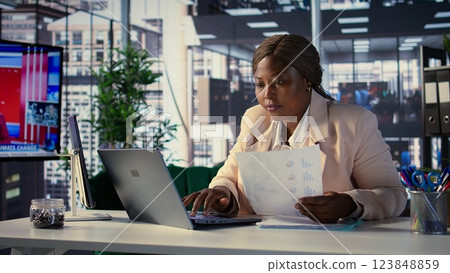 Black female CEO strategically planning activity for business growth and global development, demonstrating leadership qualities and goal orientation. Dedication to corporate success. Camera B. Black female CEO strategically planning activity for business growth and global development, demonstrating leadership qualities and goal orientation. Dedication to corporate success. Camera B. 123848859