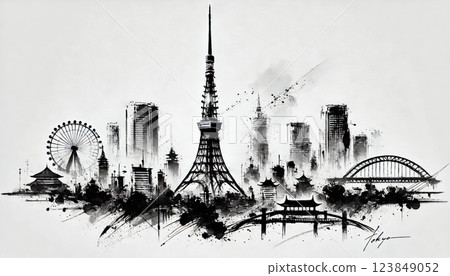 Tokyo Cityscape in Sumi-e 123849052