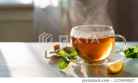 Black tea and herbal tea in glass cups 123849687