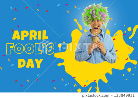 April Fool's Day, woman in clown wig holding paper cup on blue background with text April Fool's Day, woman in clown wig holding paper cup on blue background with text 123849931